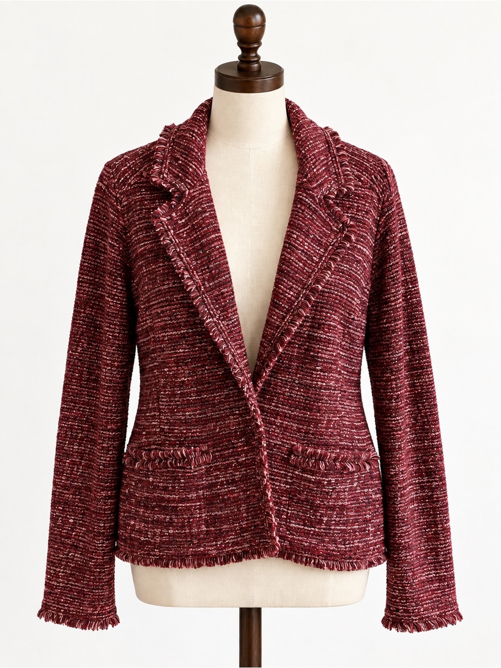 Chico’s Burgundy Boucle Tweed Fringe Open Front Blazer Jacket SZ XL